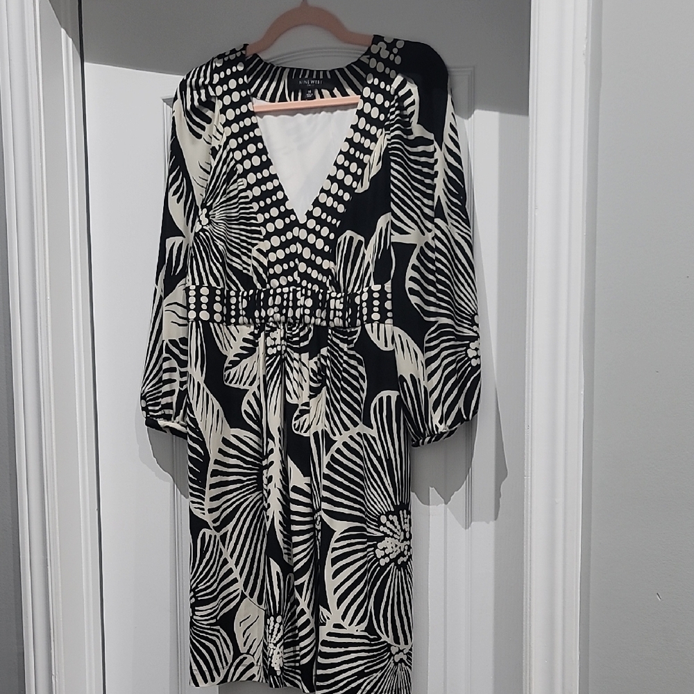 Nine West Black and White Long Sleeve Wrap Sundress